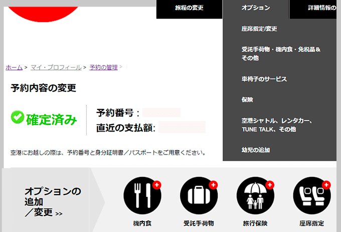 オプションを申し込める画面